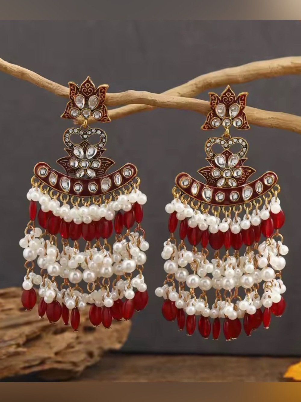 Red and White Kundan Pearl Chandelier beaded tassels Earrings